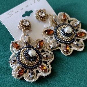 3/$21 Gold/Brown Embroidered Beaded Floral Earrings